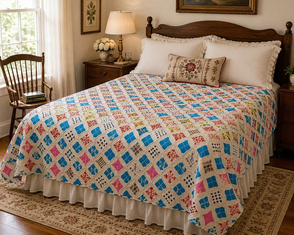 Vintage Hand Pieced Cathedral Window Quilt 60x76 Hand Stitched Cotton Quilt